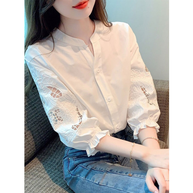 13314490.丹芙娅重工刺绣灯笼七分袖衬衫