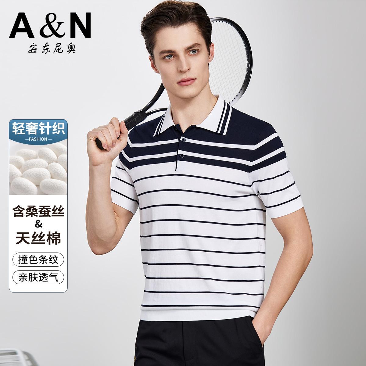 13307694.【高端针织系列】春夏轻奢含桑蚕丝T恤男撞色条纹针织polo衫