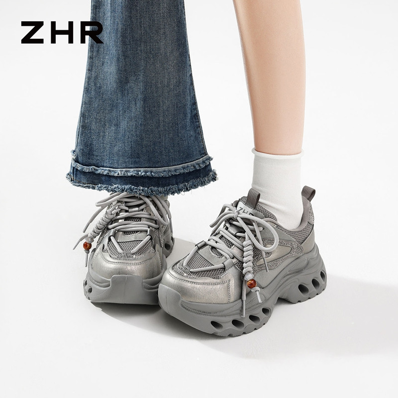 13318146.【ZHR则则】老爹鞋圆头系带内增高女鞋[超纤+网布]