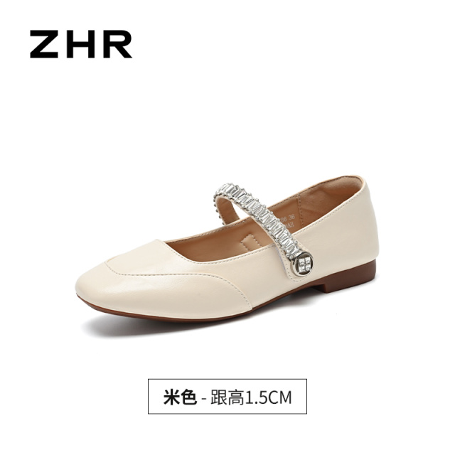 13318150.【ZHR则则】平底玛丽珍鞋方头套脚平底女鞋[米色：超纤；香槟色：PU]