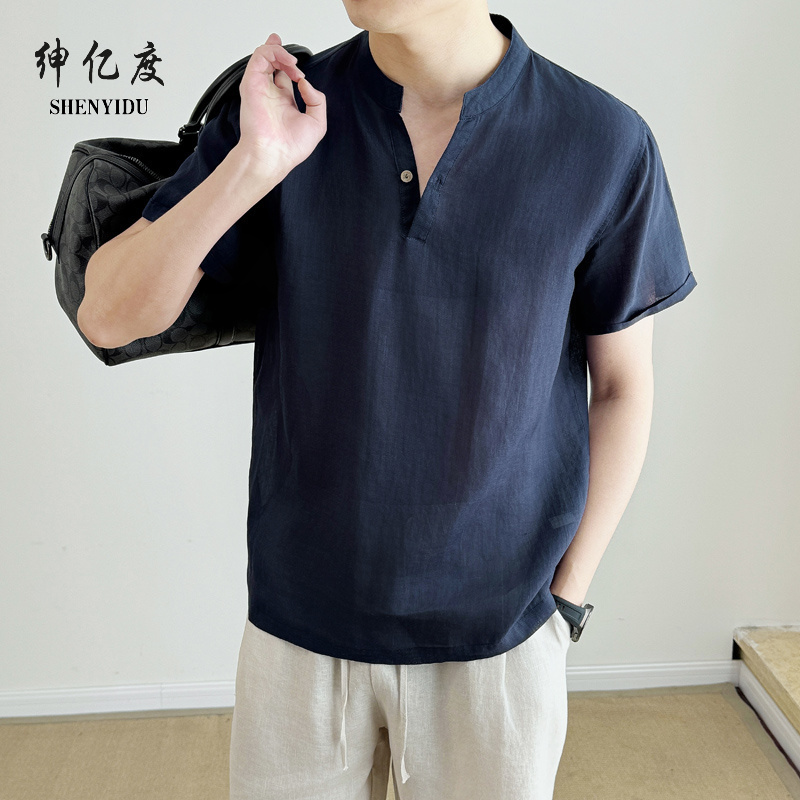 13318380.夏季100%苎麻短袖衬衫男士立领棉麻衬衣轻薄透气休闲老钱风半袖男