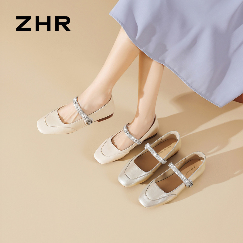 13318150.【ZHR则则】平底玛丽珍鞋方头套脚平底女鞋[米色：超纤；香槟色：PU]