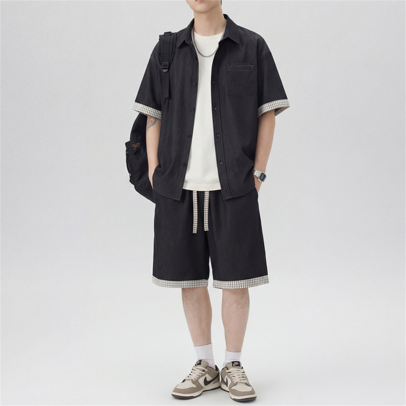 13319457.淘贝鼠夏季上新男式潮牌仿牛仔休闲五分裤套装【淘贝鼠男装XJ】