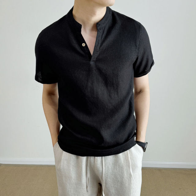 13318445.立领100%亚麻衬衫男夏季轻薄透气半袖老钱风衬衣休闲通勤短袖上衣A