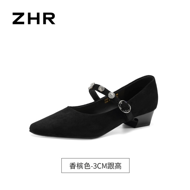 13641127.【ZHR则则】粗跟玛丽珍鞋尖头套脚粗跟女鞋[米色、香槟色：PU； 黑色：绒布]