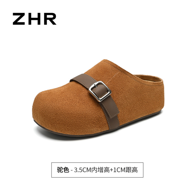 13317780.【ZHR则则】勃肯拖鞋圆头套脚内增高女鞋[牛剖层绒面革+PU]
