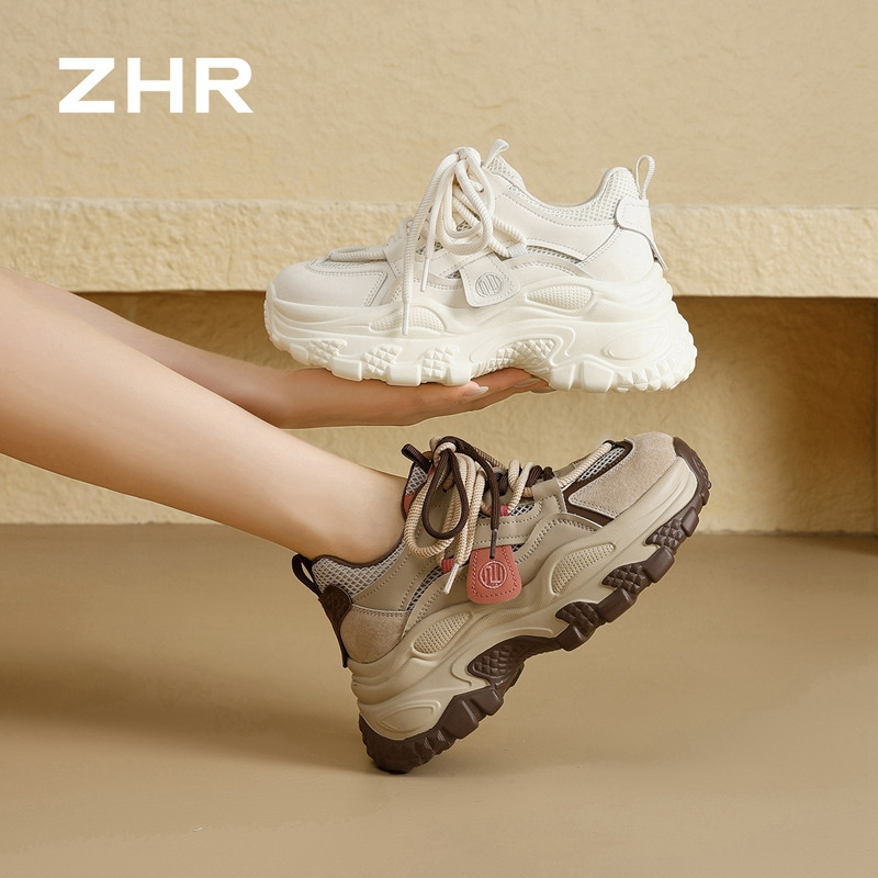 13318140.【ZHR则则】内增高老爹鞋圆头系带厚底女鞋[米色+米红色：PU+网布；红棕色：头层猪皮+网布+PU]