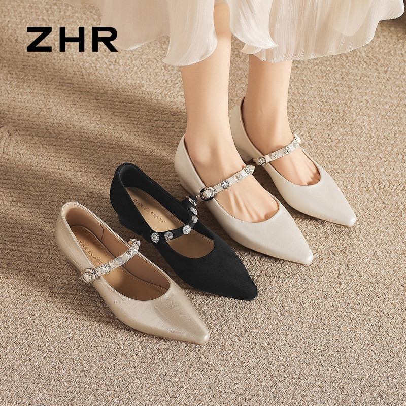 13641127.【ZHR则则】粗跟玛丽珍鞋尖头套脚粗跟女鞋[米色、香槟色：PU； 黑色：绒布]
