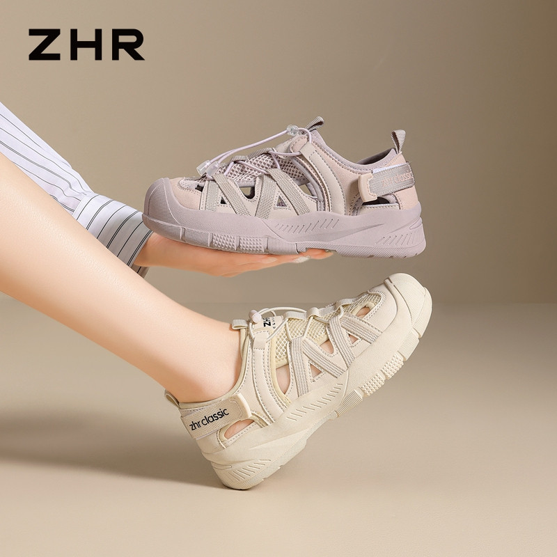 13317730.【ZHR则则】户外休闲鞋圆头扣带搭扣厚底女鞋[米色：PU+网布；紫色：超纤+网布]