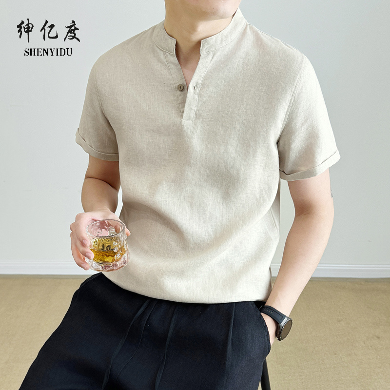 13318445.立领100%亚麻衬衫男夏季轻薄透气半袖老钱风衬衣休闲通勤短袖上衣A