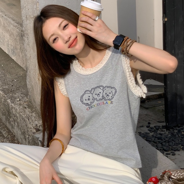 13714940.CHOCOOLATE小狗印花蕾丝花边无袖背心夏季女式宽松上衣