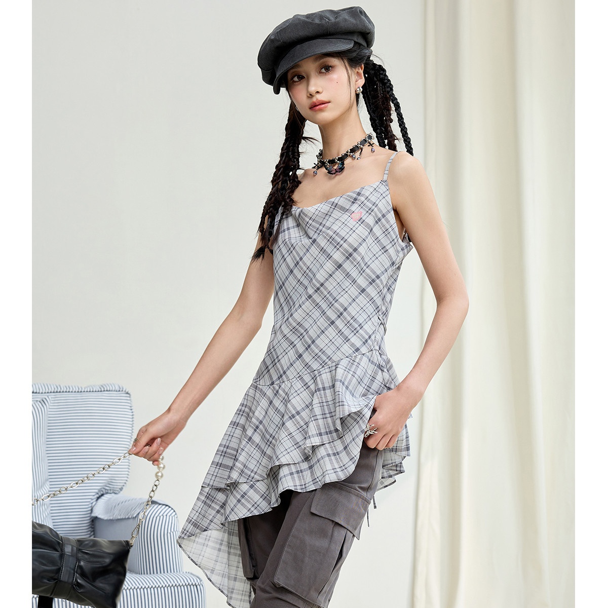 13714961.CHOCOOLATE【不含腰带】复古格纹吊带背心上衣夏季上衣