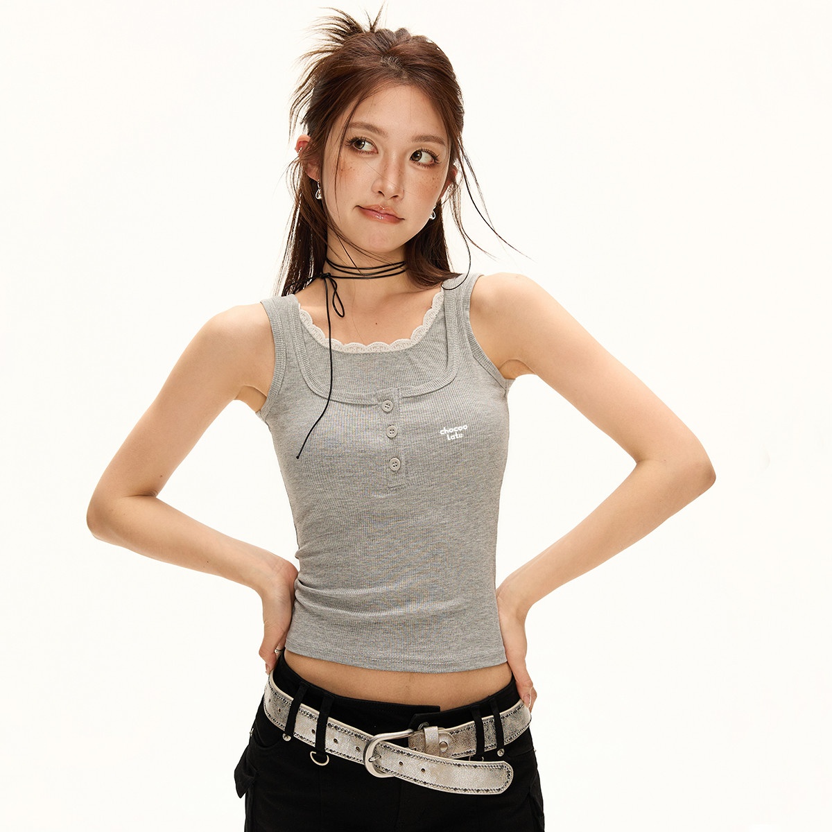 13714953.CHOCOOLATE纯欲假两件拼接无袖背心夏季辣妹显瘦上衣女