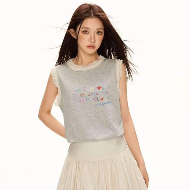 13714938.CHOCOOLATE蕾丝花边无袖背心夏季宽松百搭少女减龄上衣