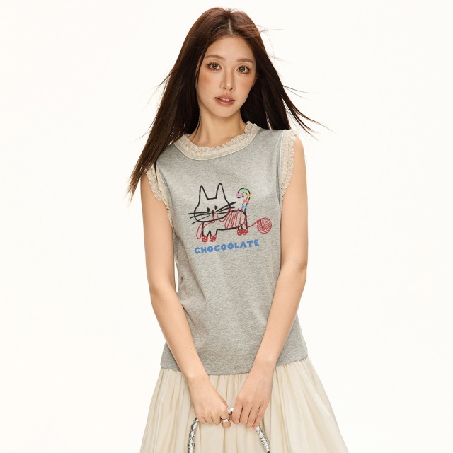 13714955.CHOCOOLATE甜美少女印花无袖背心t恤夏季休闲百搭上衣