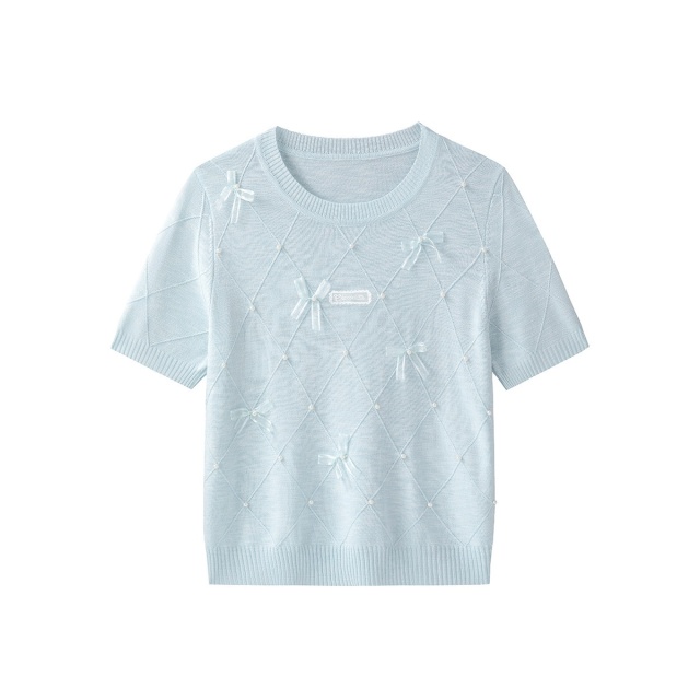 13714910.CHOCOOLATE钉珠设计圆领针织衫夏季甜美少女短袖t恤衫