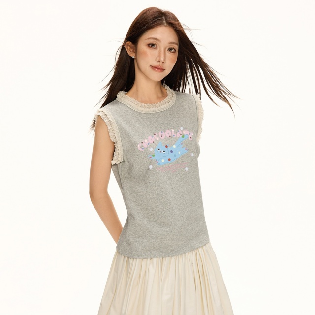13714941.CHOCOOLATE蕾丝花边无袖印花女式背心夏季休闲宽松上衣