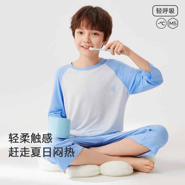 13325579.【自带凉感 轻薄透气】猫人儿童七分袖家居套装(M舒适插肩袖)