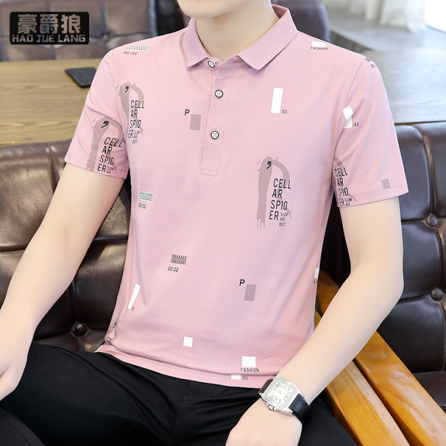 13326680.男士冰丝短袖t恤夏季薄款翻领polo衫潮流印花潮牌体恤上衣服