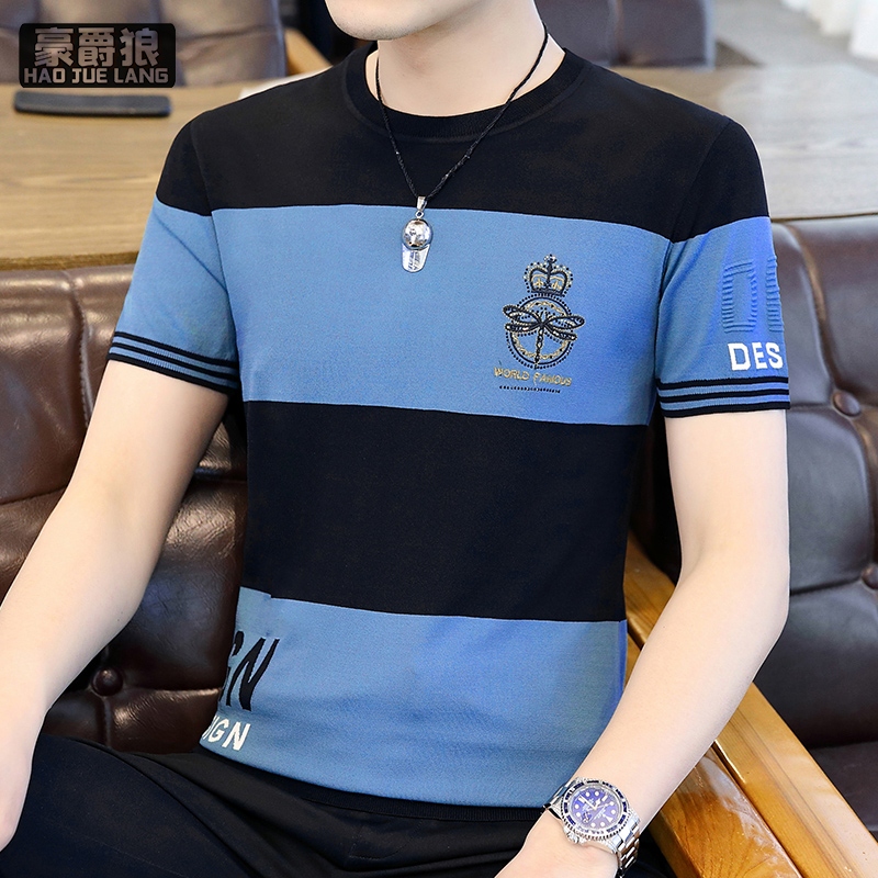 13326718.夏季新款冰丝短袖修身t体恤男韩版潮牌针织条纹半袖T恤衫薄款