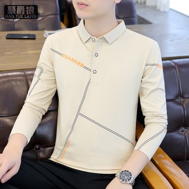 13326747.棉质Polo衫男韩版修身青翻领长袖T恤学生休闲男装潮春夏打底衫