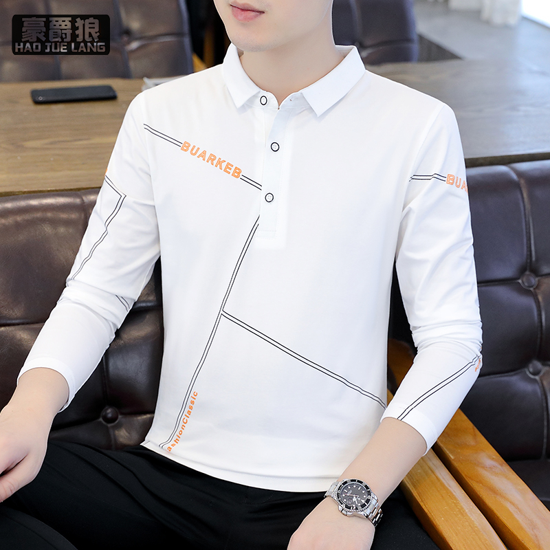 13326747.棉质Polo衫男韩版修身青翻领长袖T恤学生休闲男装潮春夏打底衫