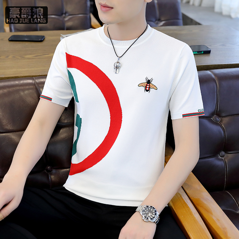 13326780.新款夏装短袖男士圆领休闲打底衫刺绣薄款冰丝伊力特针织t恤