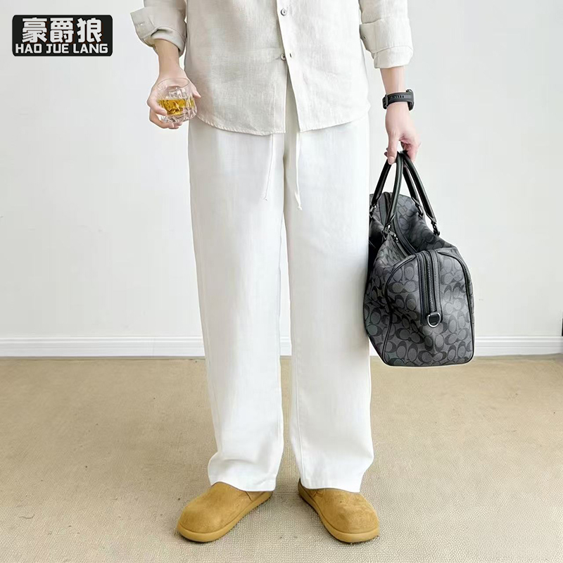 13326689.老钱风男裤休闲慵懒风亚麻阔腿裤男宽松直筒抽绳轻奢麻料长裤百搭
