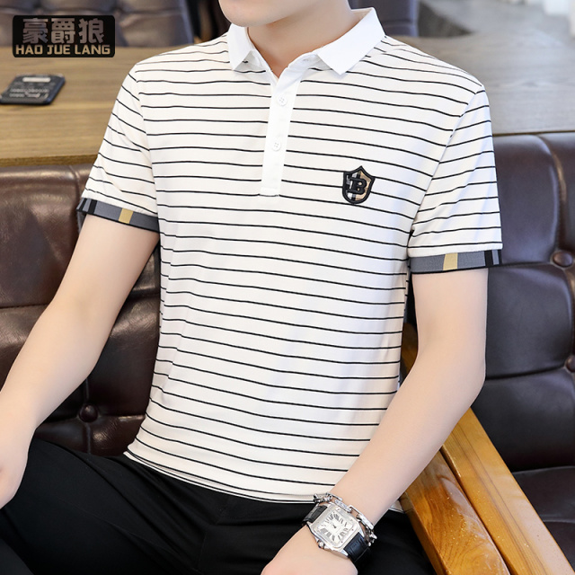 13326764.棉质条纹短袖t恤夏季潮流翻领polo衫半袖体恤上衣男装时尚百搭