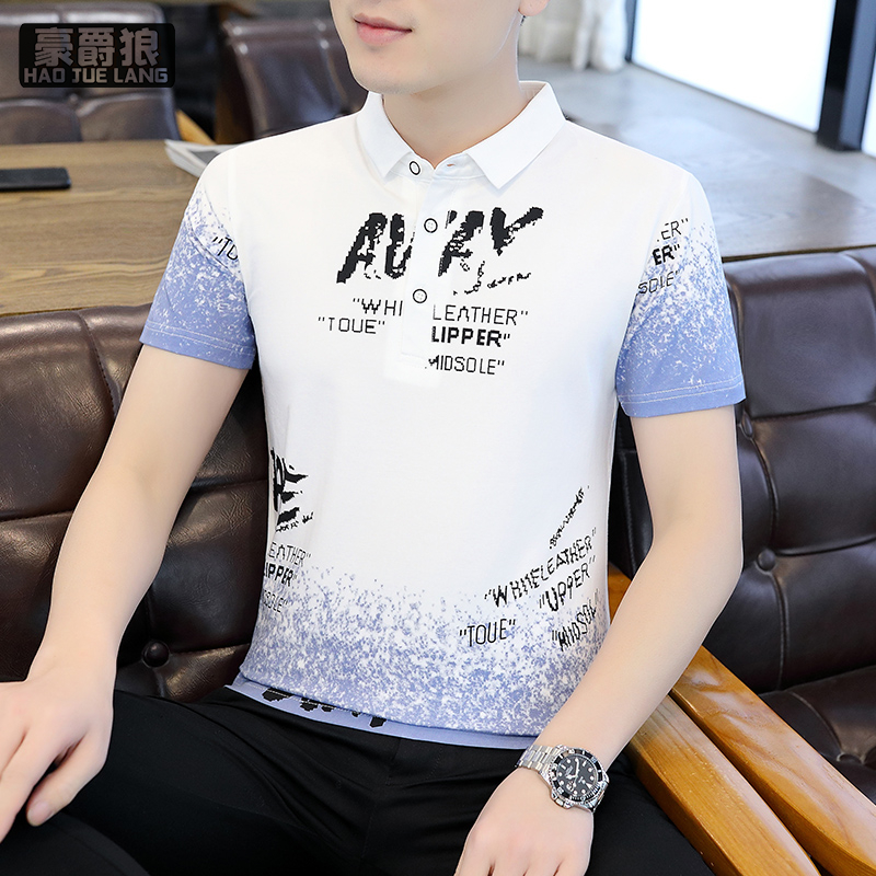 13326767.渐变短袖T恤男polo衫夏季新款翻领衣服潮流修身男装保罗半袖体恤