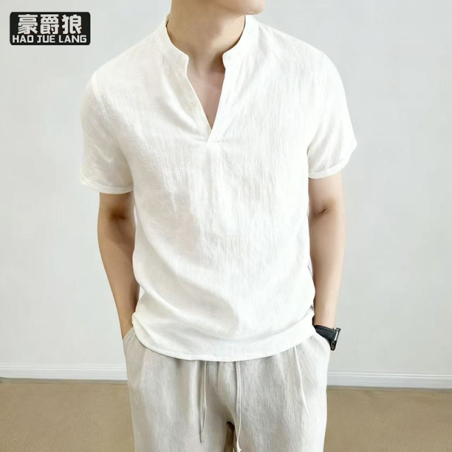 13326786.100%纯亚麻短袖T恤男士夏季纯色百搭立领体恤休闲薄款半开襟上衣