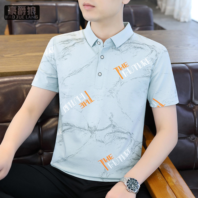 13328154.夏季新款男士短袖T恤潮流印花翻领polo衫男棉质修身休闲体恤上衣