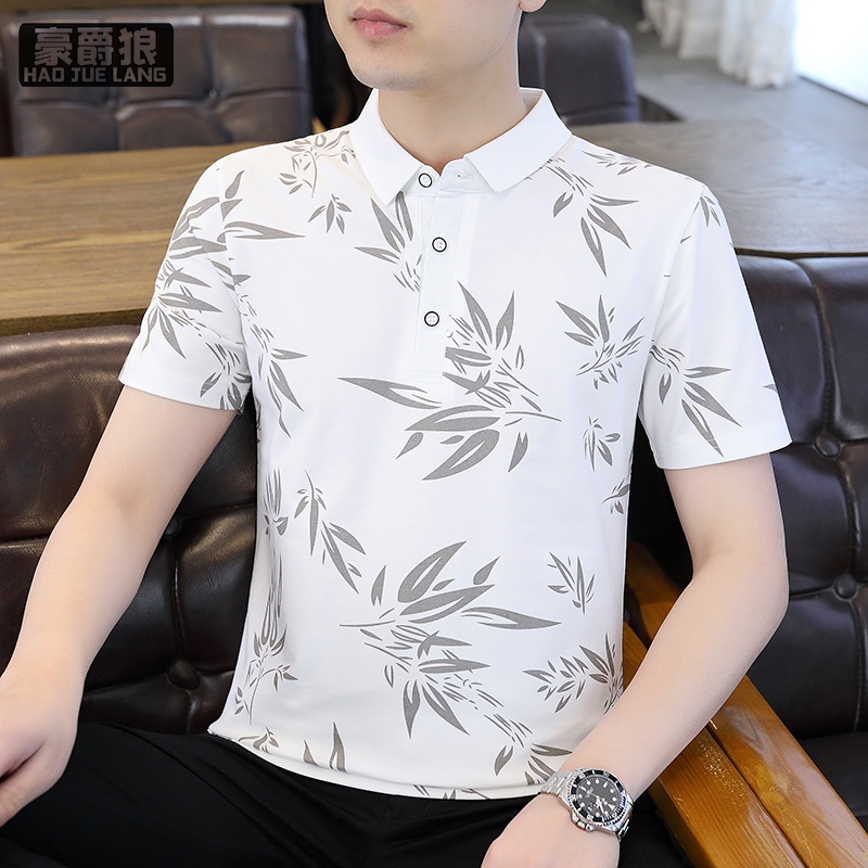 13328200.棉质polo衫男士夏季新款高端带领体恤上衣服印花潮牌翻领短袖T恤