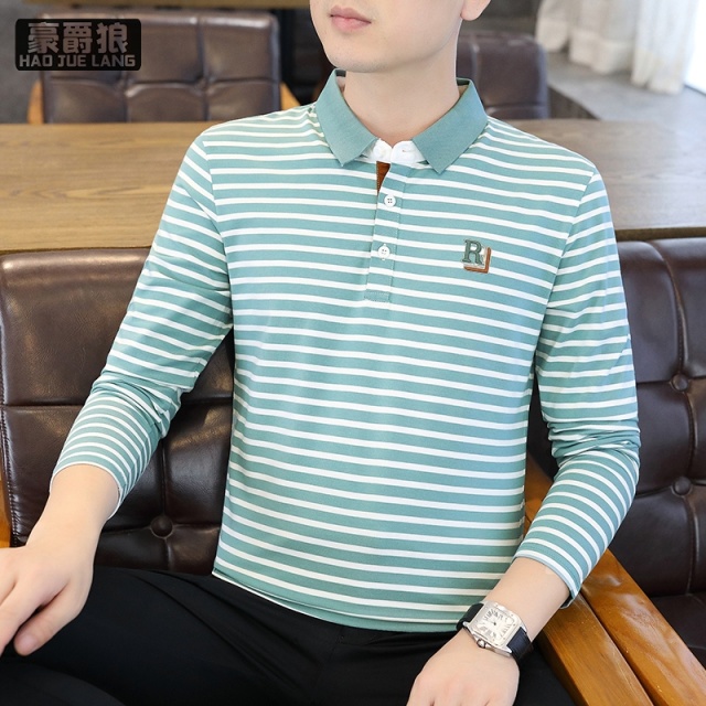 13328212.polo衫长袖男秋季新款潮流修身纯棉条纹T恤男爸爸装打底衫T