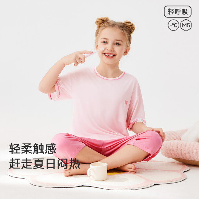 13329136.【福利清仓】【垂顺清凉】猫人女童短袖七分裤家居服套装清爽睡衣(M线迹小猫)