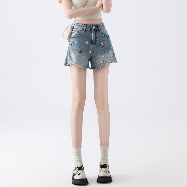 13714869.it ccaabb女装碎花刺绣破洞牛仔短裤女夏季高腰辣妹宽松