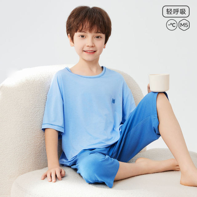 13329132.【自带凉感】猫人男童短袖七分裤家居服套装凉爽睡衣(M撞色线迹)