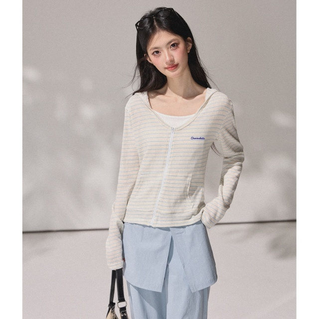 13714843.CHOCOOLATE拉链设计连帽开衫长袖t恤春秋款条纹女上衣
