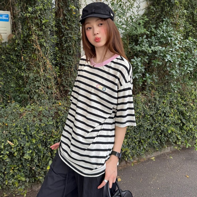 13714788.CHOCOOLATE彩点条纹撞色休闲宽松短袖t恤夏季半袖体恤