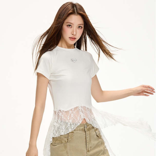 13714831.CHOCOOLATE美式辣妹不规则蕾丝拼接短袖t恤显瘦女上衣