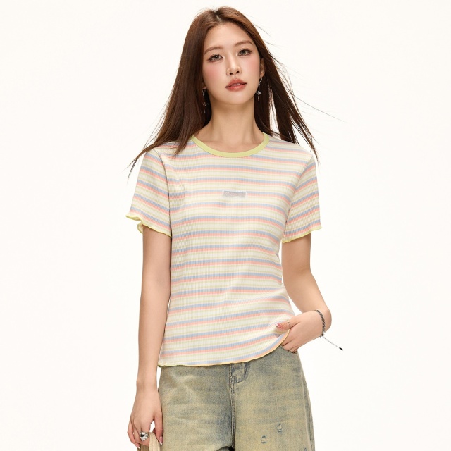13714803.CHOCOOLATE夏季小清新木耳边条纹撞色短袖t恤半袖上衣
