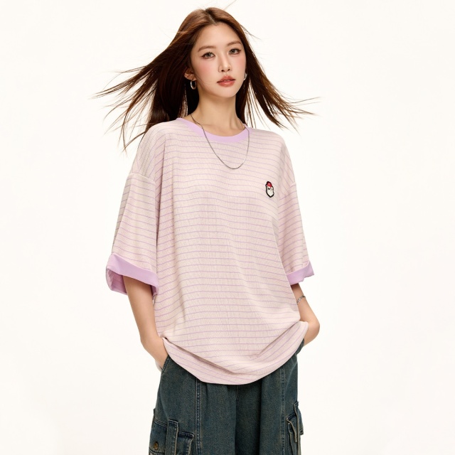 13714785.CHOCOOLATE【男女同款】条纹撞色夏季休闲宽松短袖t恤