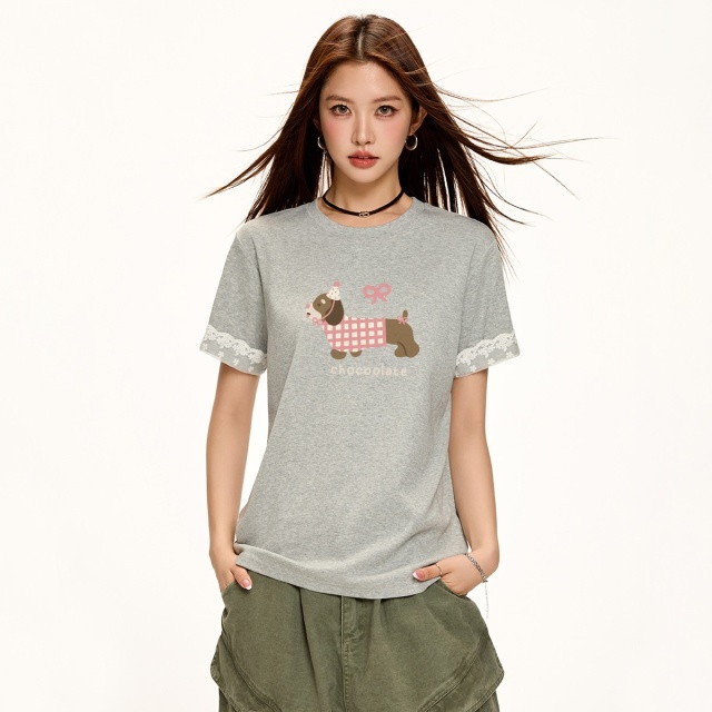 13714807.CHOCOOLATE夏季蕾丝卷边慵懒风印花短袖t恤宽松女上衣