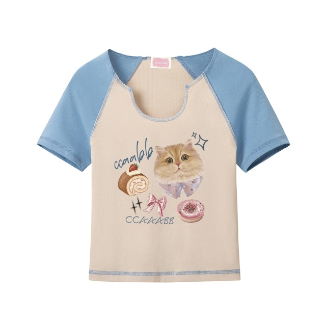 13714864.it ccaabb女装甜美可爱小猫印花短袖t恤校园风学生上衣