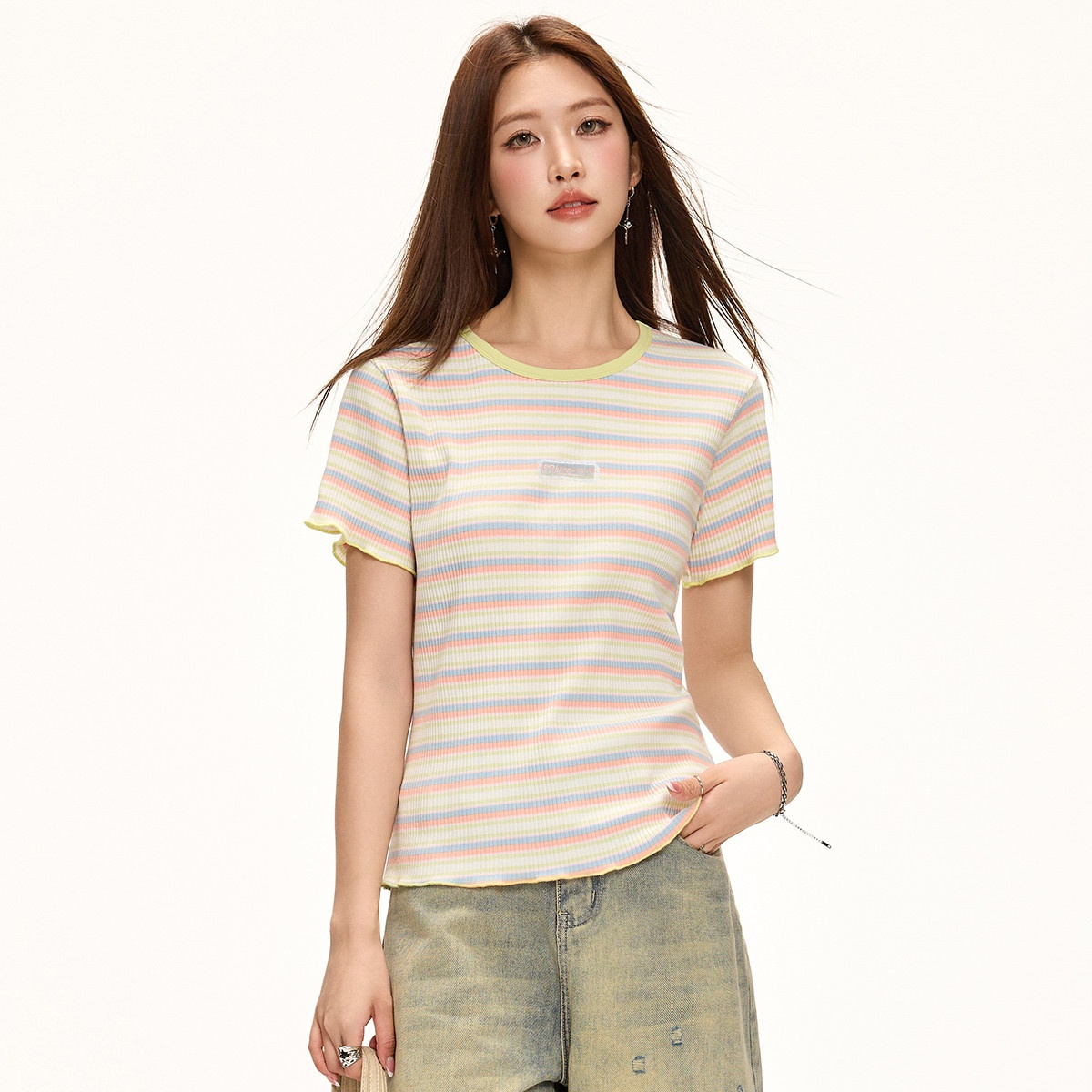 13714803.CHOCOOLATE夏季小清新木耳边条纹撞色短袖t恤半袖上衣