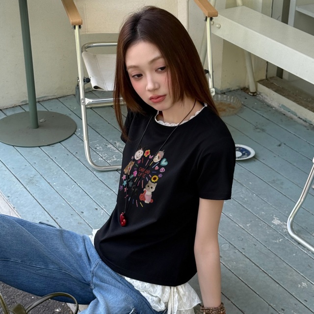13714793.CHOCOOLATE创意印花圆领短袖t恤夏季学院少女减龄上衣