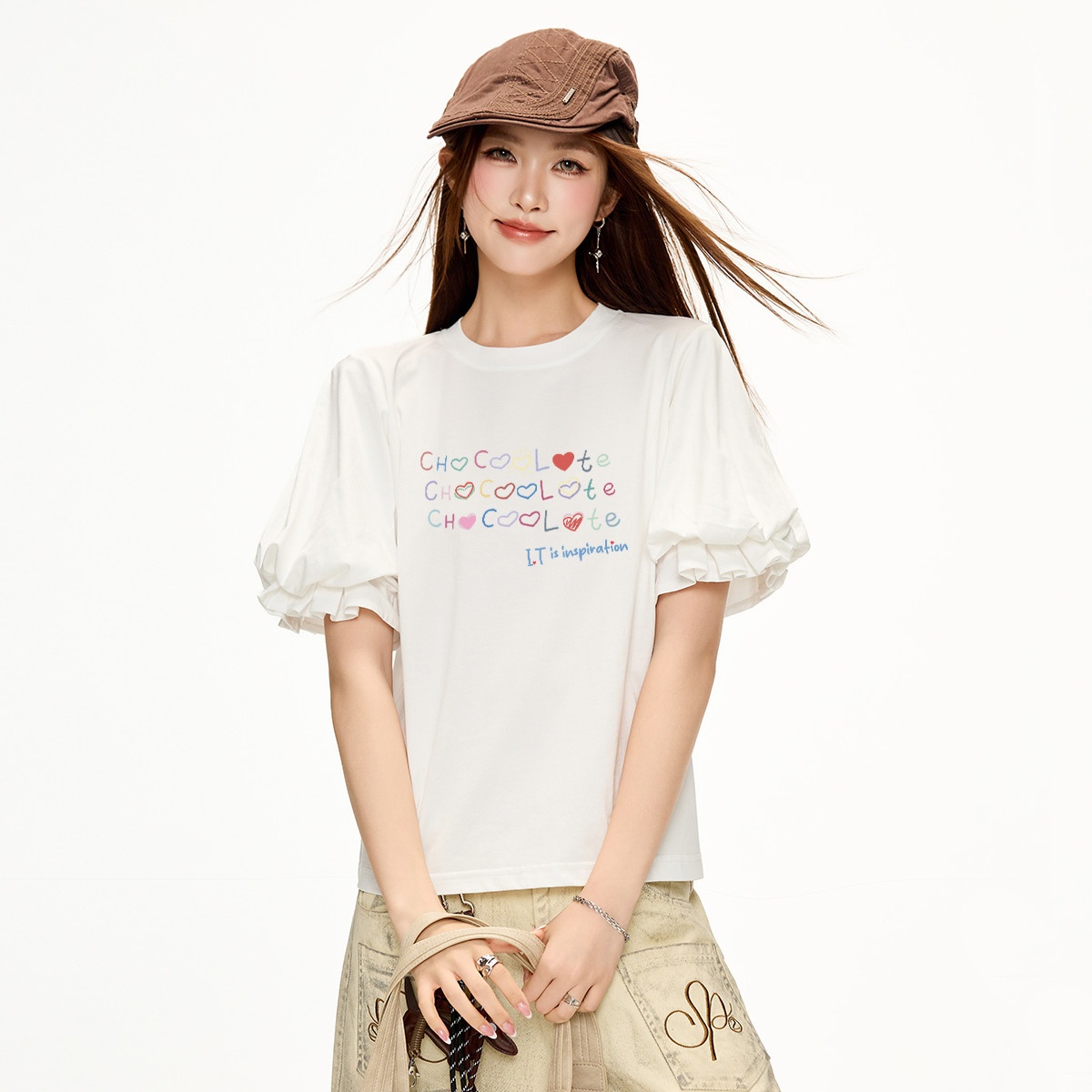 13714852.CHOCOOLATE木耳边泡泡袖设计感短袖t恤夏季别致女上衣
