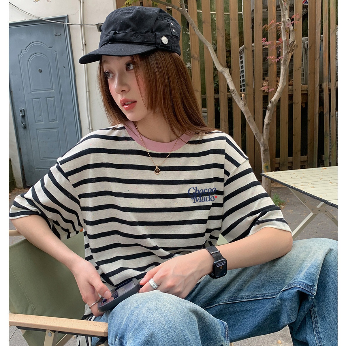 13714780.CHOCOOLATE夏季小清新撞色条纹宽松短袖t恤大版女上衣