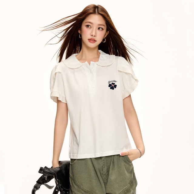 13714773.CHOCOOLATE娃娃领短袖t恤夏季不规则设计甜美少女上衣
