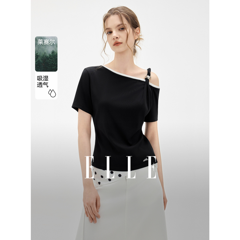 13331669.ELLE斜肩女式T恤都市休闲风撞色包边设计短袖上衣